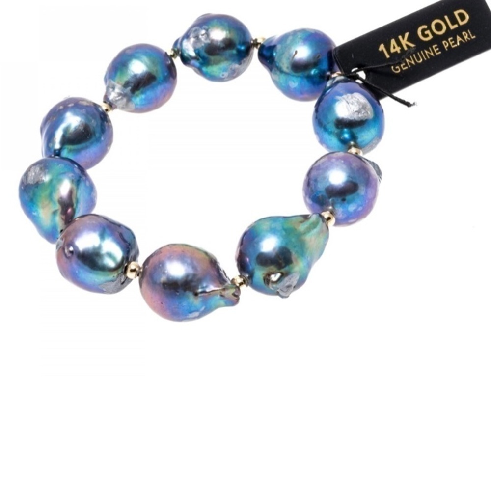 Blue Iridescent Pearl and 14K solid gold Bead Bracelet